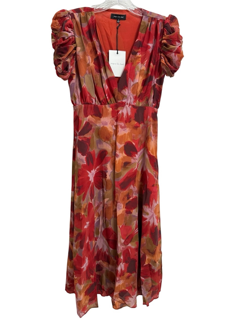 NWT Jacquie The Label Red Floral Midi Dress Puff Sleeve Small